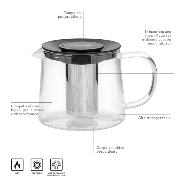 Bule para Chá Tramontina em Vidro e Aço Inox com Infusor 900 ml Bule para Chá Tramontina em Vidro e Aço Inox com Infusor 900 ml