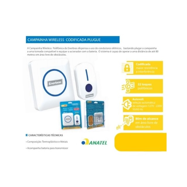 Campainha Eletrônica sem Fio Bivolt - Enerbras