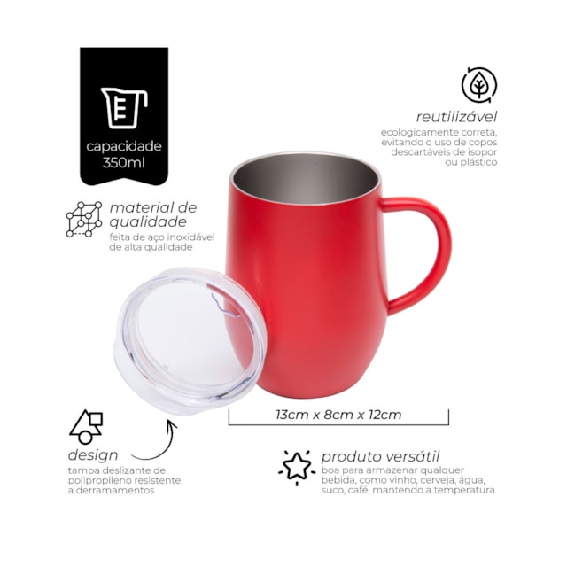 Caneca Térmica Inox com Tampa 350ml Mimo Style Vermelho