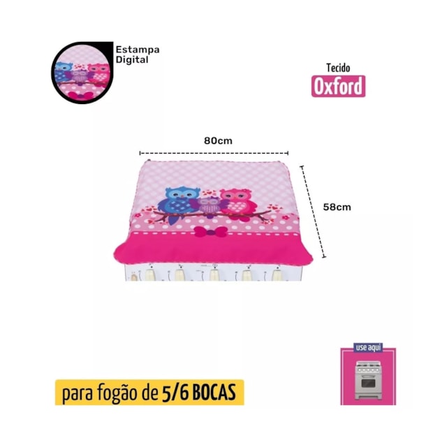 Capa Para Fogão 5/6 Bocas Cozinha Estampado Cor Rosa Coruja Capa Para Fogão 5/6 Bocas Cozinha Estampado Cor Rosa Coruja