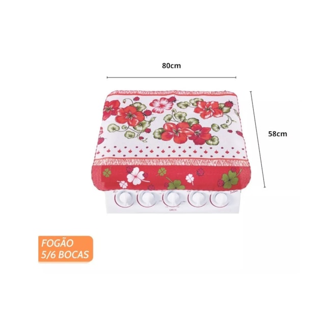 Capa para Fogão 5/6 Bocas Flores Vermelhas Resistente Capa para Fogão 5/6 Bocas Flores Vermelhas Resistente