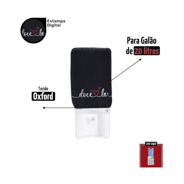Capa Protetora De Galão De agua Preto Estampa Doce Lar 20 L Capa Protetora De Galão De agua Preto Estampa Doce Lar 20 L