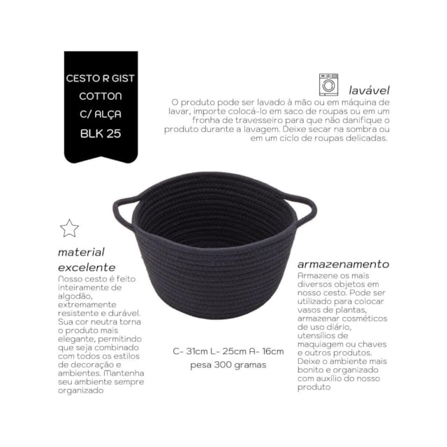 Cesto Cachepot  Preto Redondo Mimo Style 25 cm