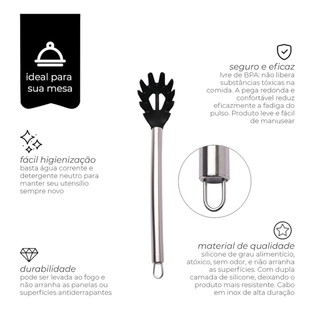 Colher Para Espaguete de Silicone e Cabo em Inox Mimo Style Colher Para Espaguete de Silicone e Cabo em Inox Mimo Style