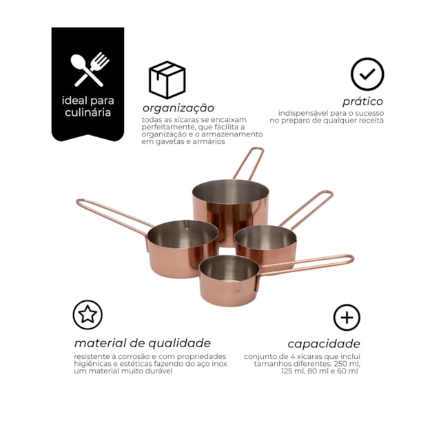 Conjunto De 4 Xícaras Medidoras Aço Inox Bronze Mimo Style