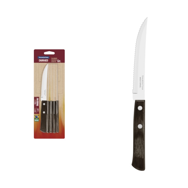 Conjunto de Facas para Churrasco Tramontina 5" em Aço Inox com Cabo Polywood 6 Peças Castanho