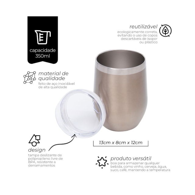 Copo Inox Parede Dupla com Tampa Acrílico 350ml Mimo Style Cor:Bronze