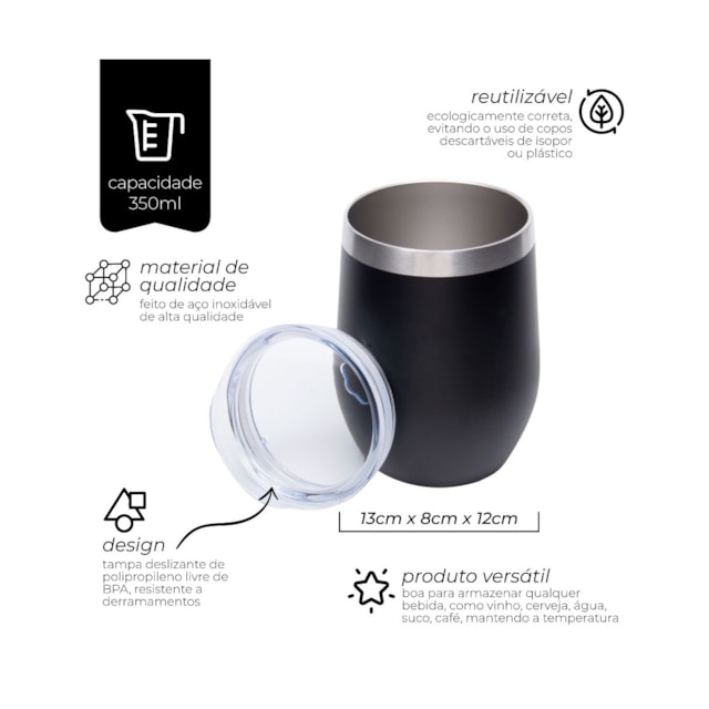 Copo Inox Parede Dupla com Tampa Acrílico 350ml Mimo Style Cor:Preto