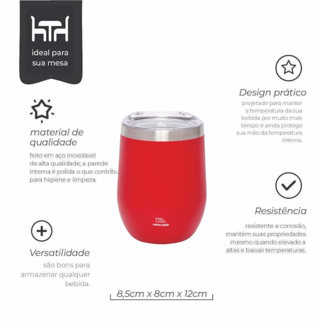 Copo Inox Parede Dupla com Tampa Acrílico 350ml Mimo Style Cor:Vermelho