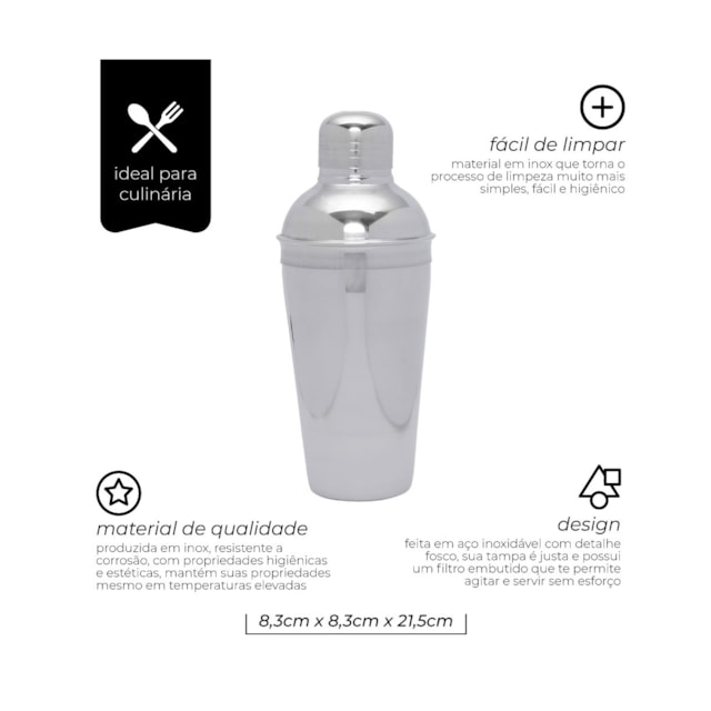 Coqueteleira em Inox 550ml Bico Dosador de 50ml Mimo Style