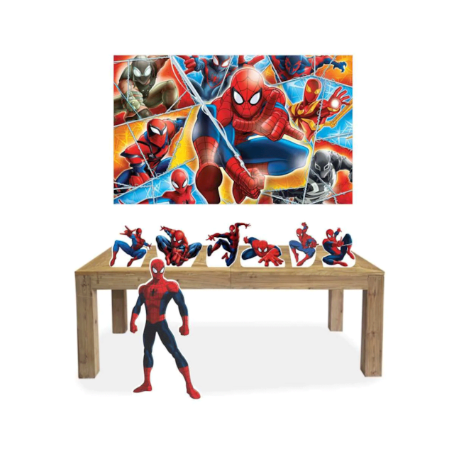 Decoração de Festa Homem Aranha 1 Totem e 6 Displays de Mesa + Painel