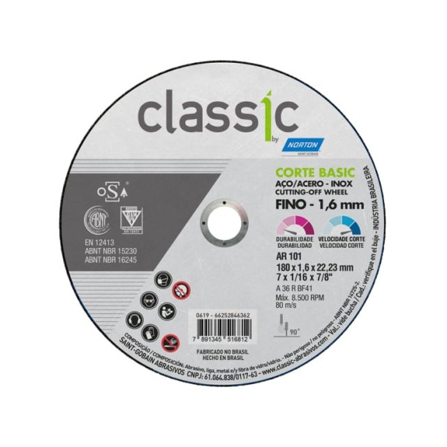 Disco de Corte Ac 180 x 1,6 x 22 Classic Basic - Norton