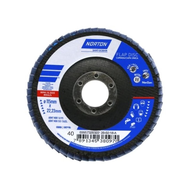 Disco de Lixa Flap Grão-40 115x22mm - Norton