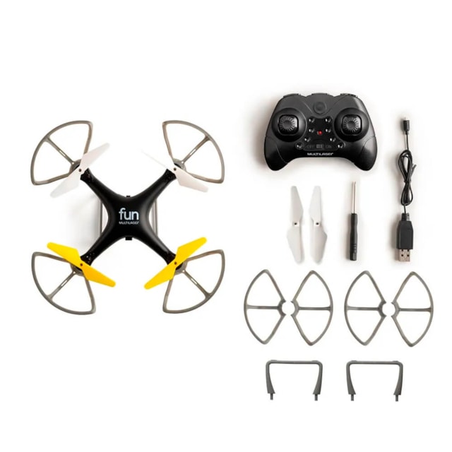 Drone Multilaser Fun Com Estabilizador de voo Controle Remoto Alcance de 50m Bateria 6 minutos Flips em 360° Preto/Amarelo