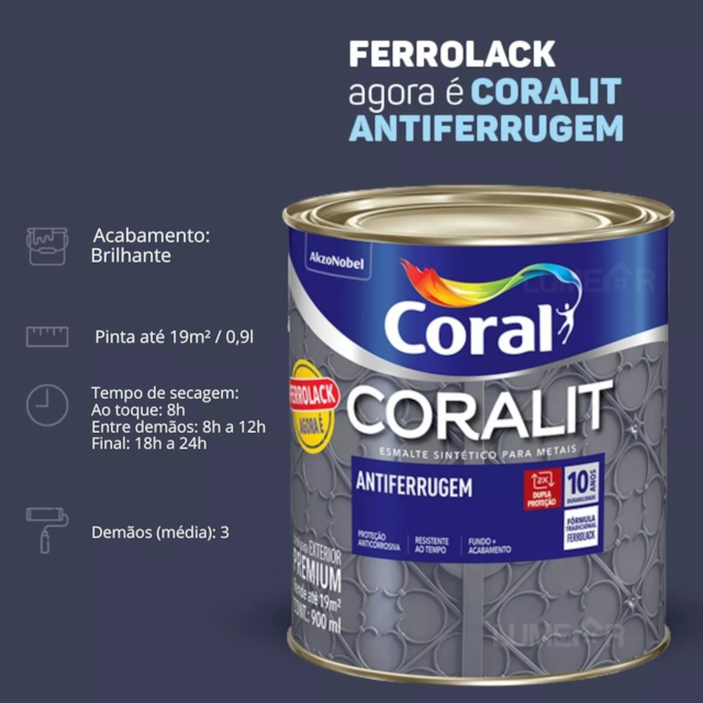 Esmalte Sintético Ferrolack Cinza 900ml - CORAL Esmalte Sintético Ferrolack Cinza 900ml - CORAL