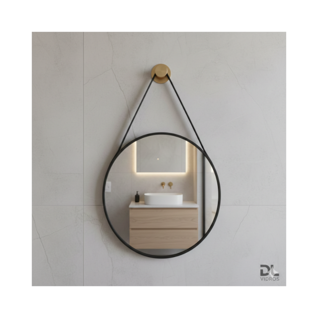 Espelho Redondo com Alça de Couro Preto 40cm - DL VIDROS