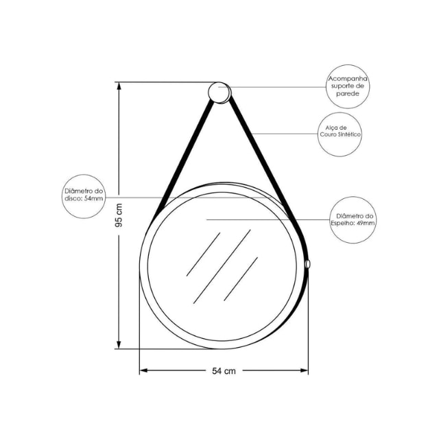 Espelho Redondo com Alça de Couro Preto Athos 40x61cm - Astra