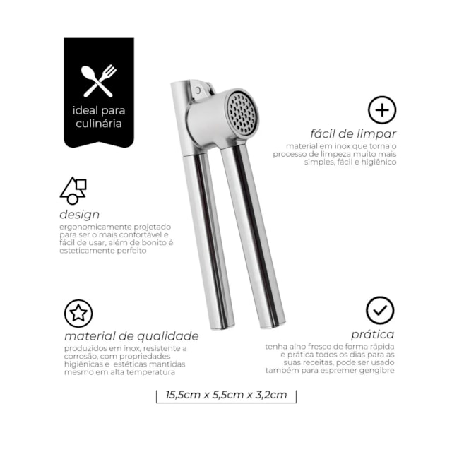 Espremedor Amassador de Alho Em Inox 15,5cm Mimo Style