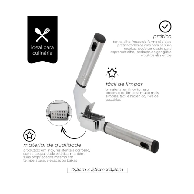 Espremedor de Alho em Aço Inoxidável Prata Mimo Style Espremedor de Alho em Aço Inoxidável Prata Mimo Style