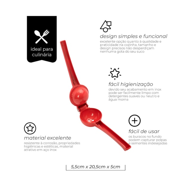 Espremedor de Limão Vermelho em Alumínio 20cm Mimo Style Espremedor de Limão Vermelho em Alumínio 20cm Mimo Style