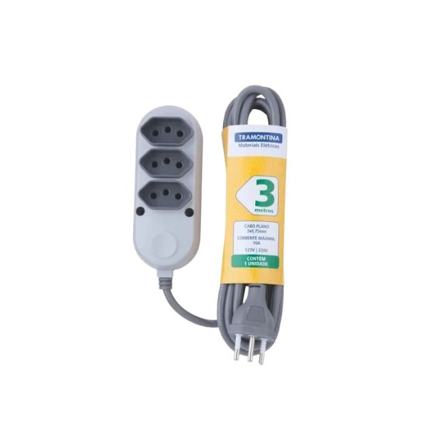 Extensão Elétrica em Termoplástico 3 Tomadas 2P+T 3m 10A 250V Cinza - TRAMONTINA Extensão Elétrica em Termoplástico 3 Tomadas 2P+T 3m 10A 250V Cinza - TRAMONTINA