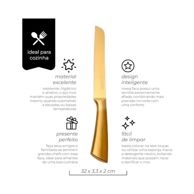 Faca Para Pão Inox Premium Gold 8" Mimo Style Faca Para Pão Inox Premium Gold 8" Mimo Style