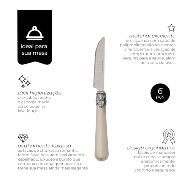 Facas De Churrasco Romantic Perola 6 Peças Mimo Style Facas De Churrasco Romantic Perola 6 Peças Mimo Style