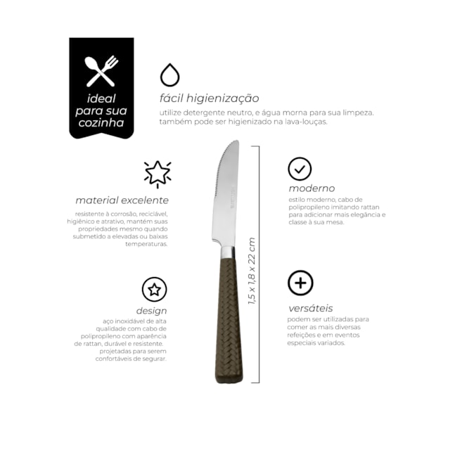 Facas De Mesa Rattan Prata 6 Peças Mimo Style Facas De Mesa Rattan Prata 6 Peças Mimo Style