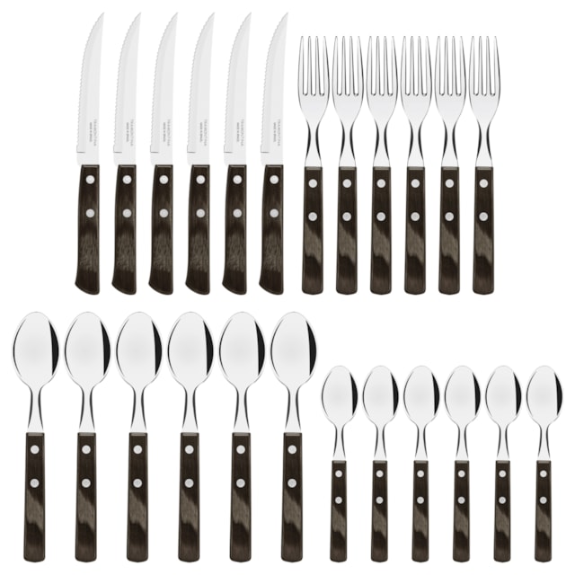 Faqueiro Tramontina Polywood com Lâminas em Aço Inox e Cabos de Madeira Castanho 24 Peças Faqueiro Tramontina Polywood com Lâminas em Aço Inox e Cabos de Madeira Castanho 24 Peças