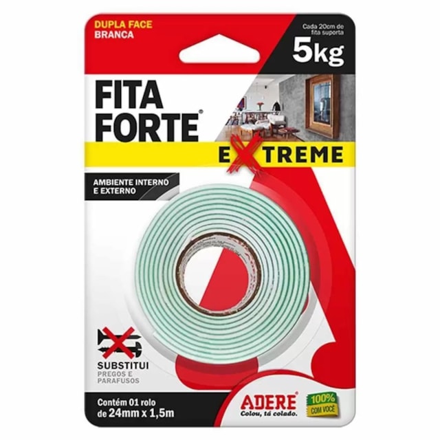 Fita Dupla Face Espuma Branca Forte Extreme 24mm x 1,5M Suporta 5KG - ADERE Fita Dupla Face Espuma Branca Forte Extreme 24mm x 1,5M Suporta 5KG - ADERE
