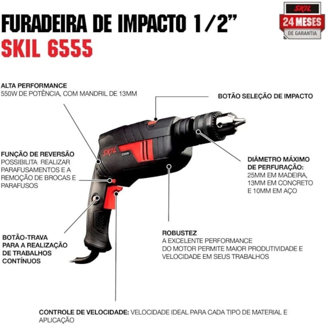 Furadeira de Impacto 1/2" 6555 200V 14 Acessórios - SKIL Furadeira de Impacto 1/2" 6555 200V 14 Acessórios - SKIL