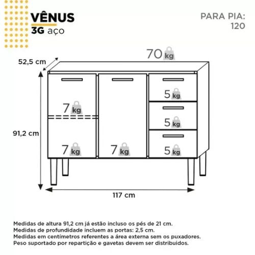Gabinete de Aço para Pia 120cm Vênus 3G Branco - COZIMAX