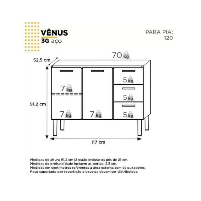 Gabinete de Aço para Pia 120cm Vênus 3G Branco - Cozimax