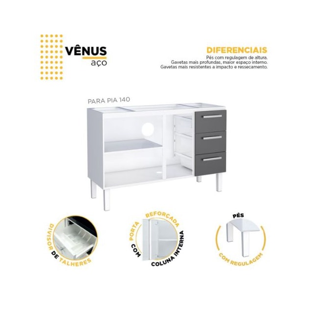 Gabinete de Aço Venus Preto para Pia de 140cm - COZIMAX