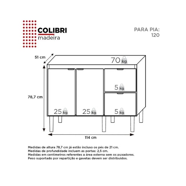 Gabinete de Madeira Colibri Preto e Branco com Pia 1,20M - Cozimax