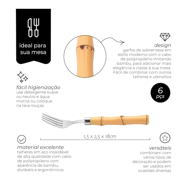 Garfos De Sobremesa Bambu Asper 6 Peças Mimo Style Garfos De Sobremesa Bambu Asper 6 Peças Mimo Style