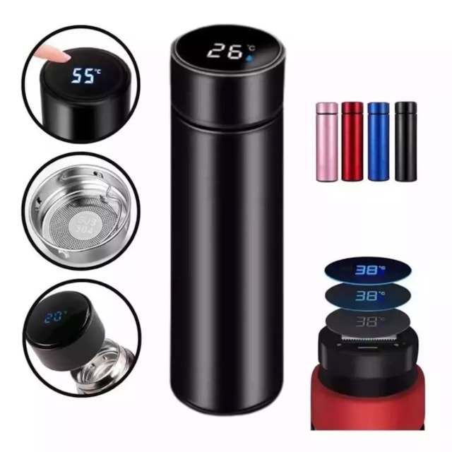 Garrafa Térmica com Termômetro Digital 500ml Aço Inox - Cores Sortidas