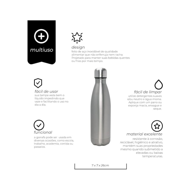 Garrafa Térmica de Parede Dupla 500ml Mimo Style Prata