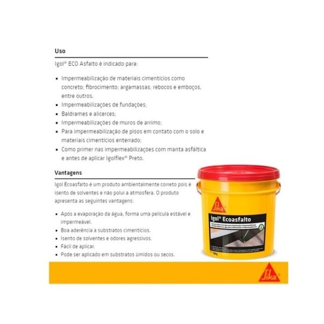 Impermeabilizante Igol Ecoasfalto 18L - SIKA Impermeabilizante Igol Ecoasfalto 18L - SIKA