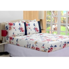 Jogo De Cama Lençol Micropercal Com Elástico Floral Azul Casal 3 Peças