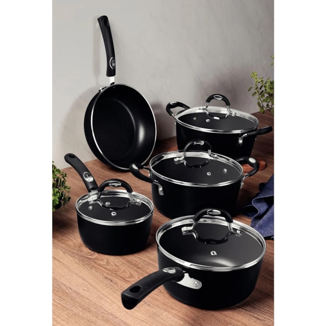 Jogo de Panelas Tramontina Mônaco Preto em Alumínio 5 Peças Jogo de Panelas Tramontina Mônaco Preto em Alumínio 5 Peças
