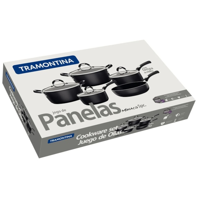 Jogo de Panelas Tramontina Mônaco Preto em Alumínio 5 Peças Jogo de Panelas Tramontina Mônaco Preto em Alumínio 5 Peças