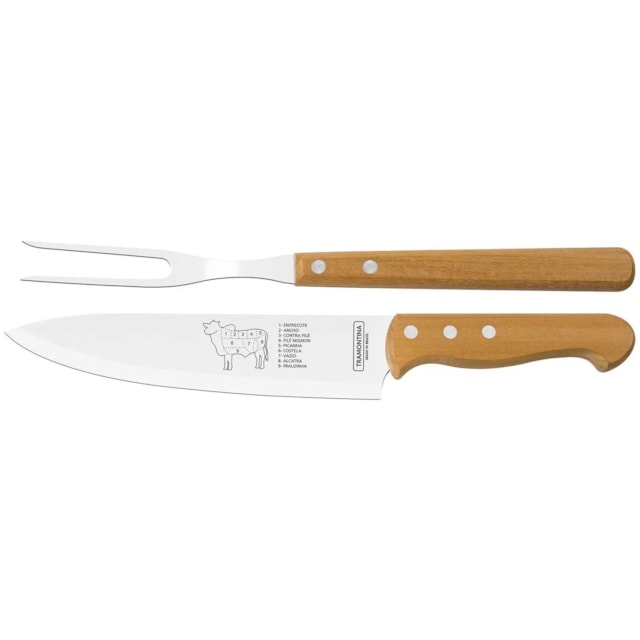 Jogo Trinchante Churrasco com Lâminas em Aço Inox e Cabo de Madeira Natural - TRAMONTINA Jogo Trinchante Churrasco com Lâminas em Aço Inox e Cabo de Madeira Natural - TRAMONTINA