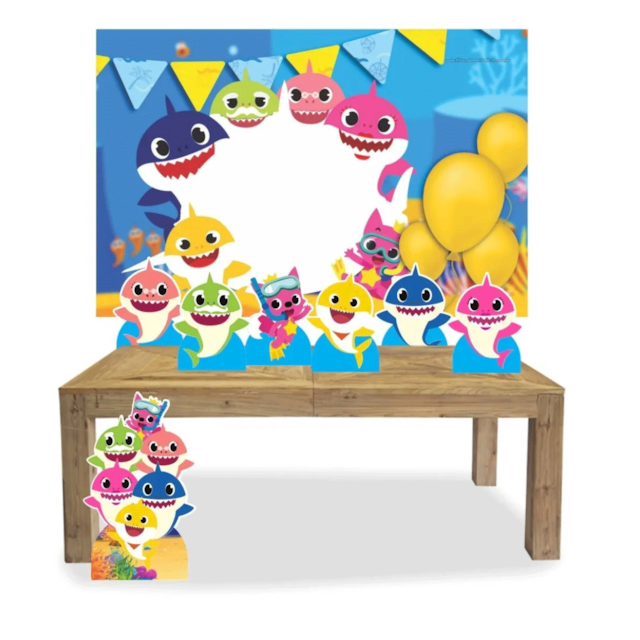 Kit Decoração de Festa Totens E Displays Baby Shark 7 Peças + painel