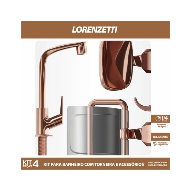 Kit para Banheiro com Torneira e Acessórios 2004 F71 Rosé Gold 4 Peças - LORENZETTI