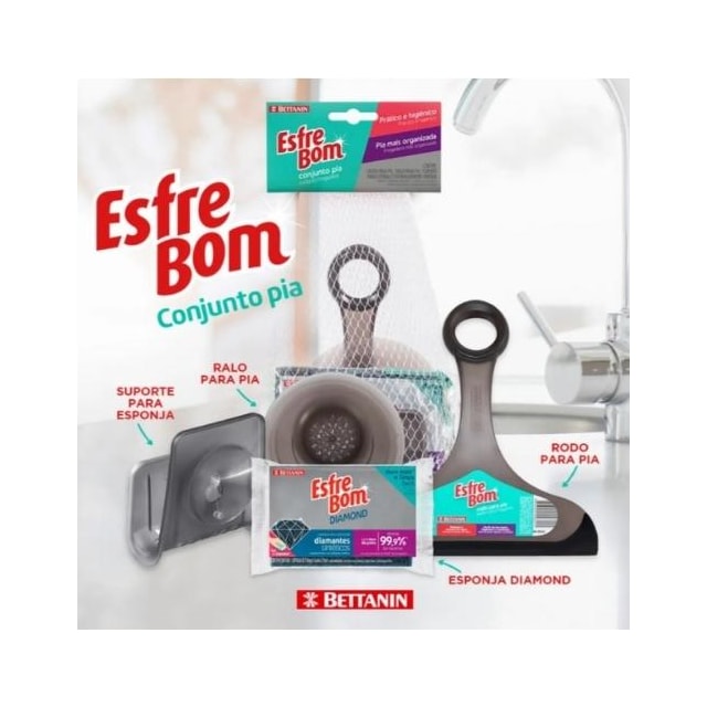 Kit Pia EsfreBom com Rodo, Ralo, Suporte para Esponja e Esponja EsfreBom Diamond - BETTANIN Kit Pia EsfreBom com Rodo, Ralo, Suporte para Esponja e Esponja EsfreBom Diamond - BETTANIN