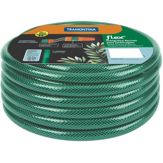 Mangueira Flex Verde em PVC 3 Camadas 6 m com Engate Rosqueado e Esguicho - Tramontina