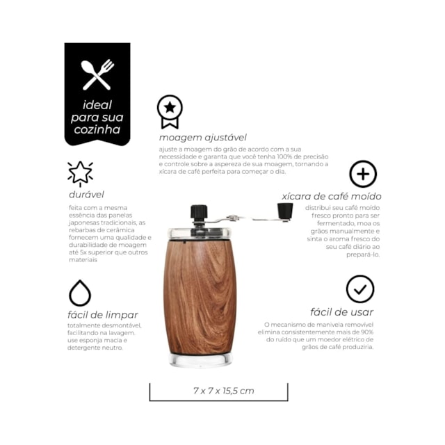 Moedor de Café Manual Redondo de Aço Inoxidável e Madeira 15cm Mimo Style Moedor de Café Manual Redondo de Aço Inoxidável e Madeira 15cm Mimo Style
