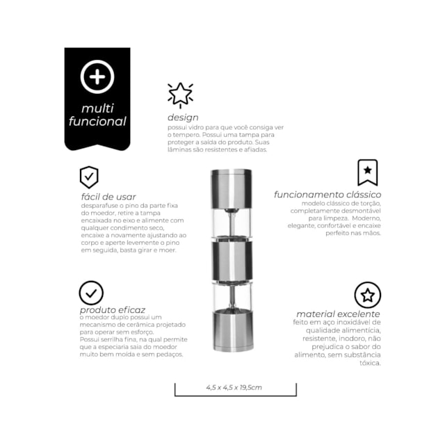 Moedor Duplo Manual Sal e Pimenta em Inox Mimo Style