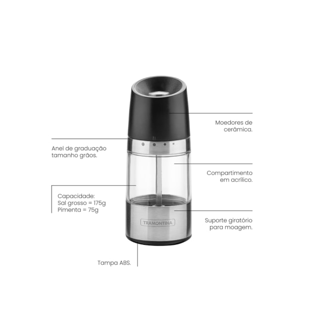 Moedor para Sal ou Pimenta Tramontina Realce em Aço Inox e Acrílico